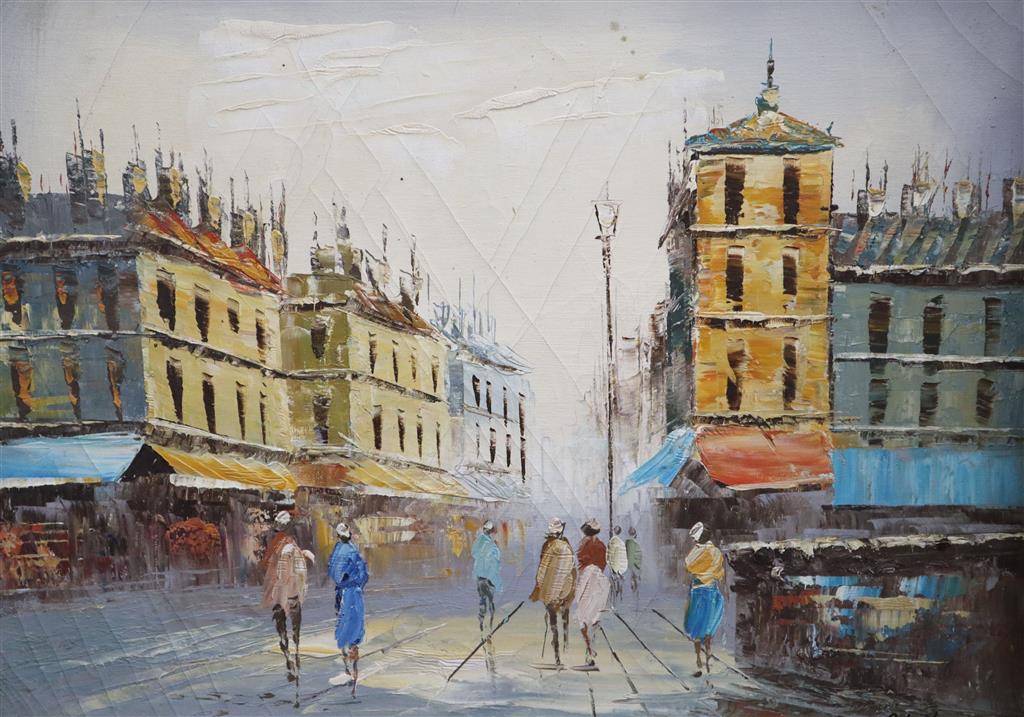 Theodorus van Oorschot, oil on canvas, Town scene, signed, 38 x 78cm and a French street scene by another hand, 45 x 60cm